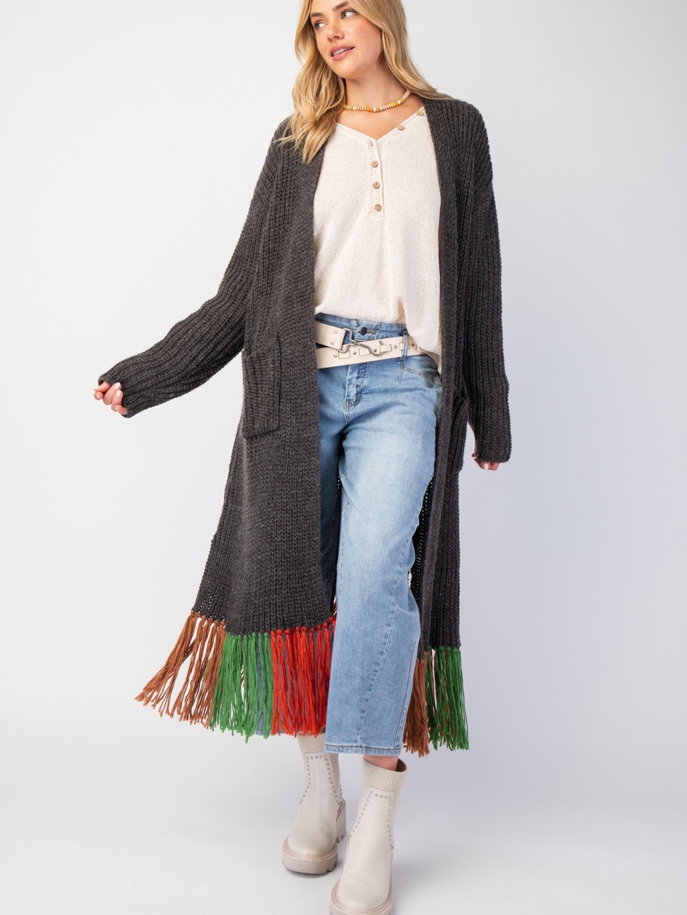 115. EASEL Charcoal Long Open-Front Cardigan with Brown, Red & Green Fringe